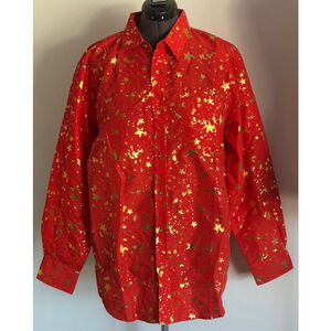 Men's BROOKLYN STATE Casual Button Down Shirt XXL Red Gold Stars